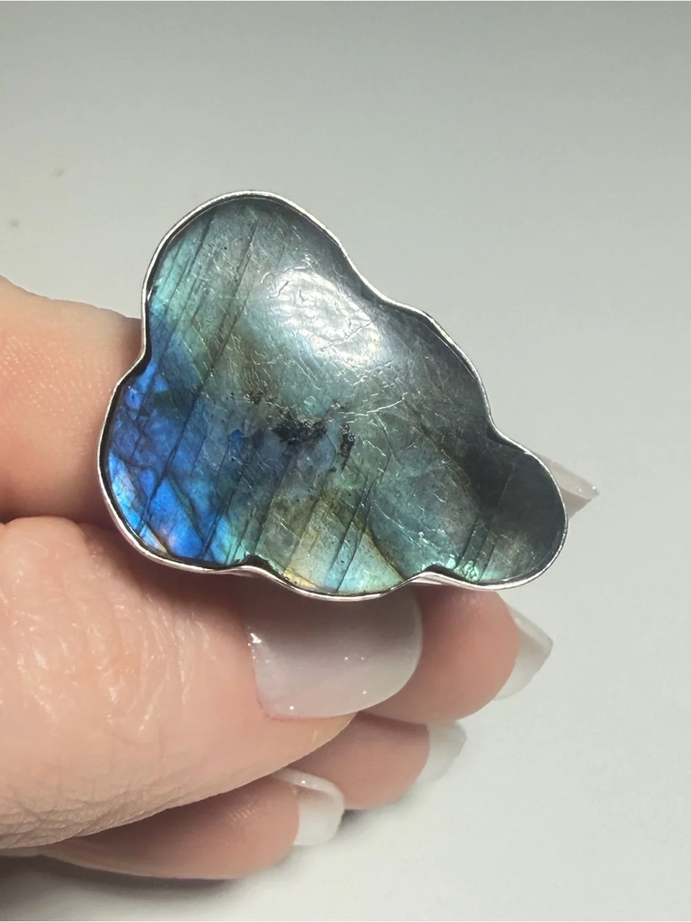 Labradorite Cloud Ring | Teal Blue Gold Flash | Adjustable | 925 Stamped